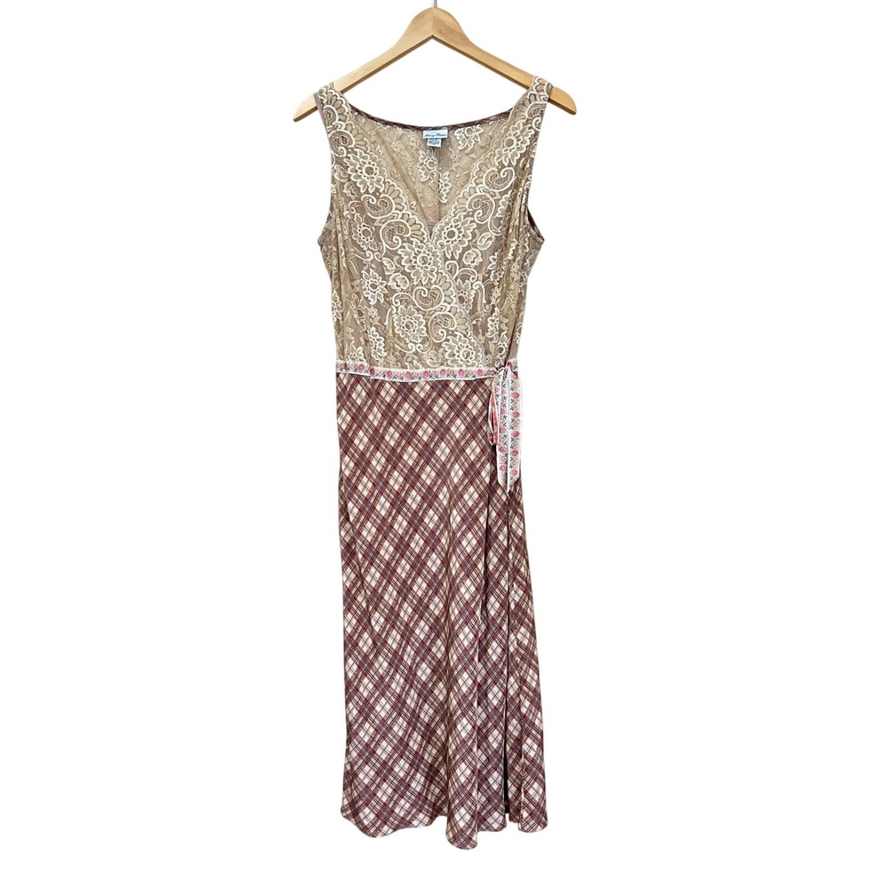 Vintage Tracy Reese Silk Plaid Lace Midi Dress‎ Brown Tan Sz 12 Babydoll Cottage